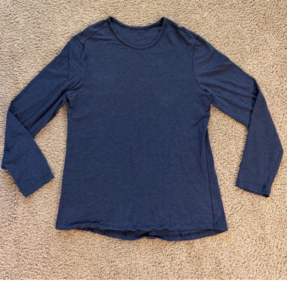 Lululemon Mens Long Sleeve Athletic Shirt Navy Blue Heathered Crew Neck Top